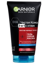 Garnier Гель + Скраб + Маска для лица Чистая Кожа Актив 3-в-1 с углем с экстрактом черники, углем и салициловой кислотой, 150 мл