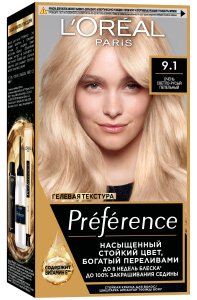 L'Oreal Paris Стойкая краска для волос "Preference", оттенок 9.1 Очень светло-русый пепельный